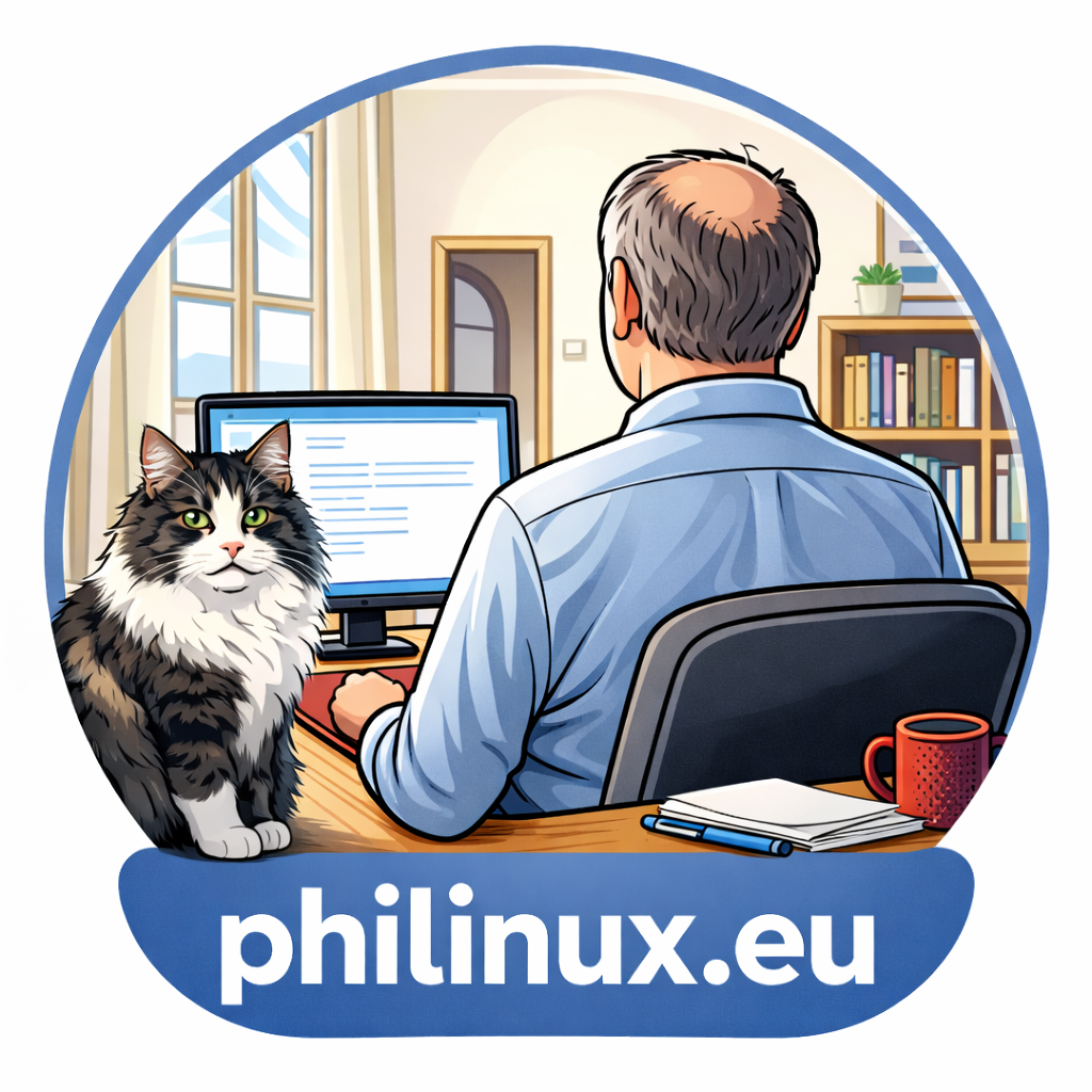Logo Philinux.eu, illustration du proviseur de dos dans son bureau avec Solo le chat