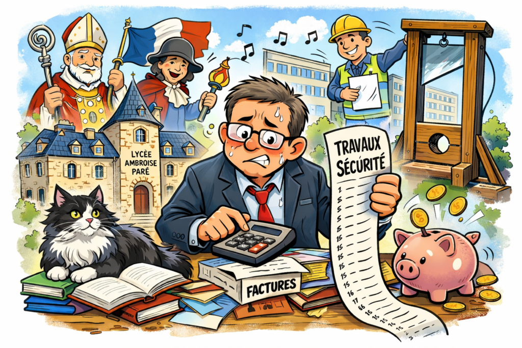 Le lycée Ambroise Paré ou l’art de gouverner un lieu qui a quatre siècles 4 Illustration cartoonesque d’un proviseur du lycée Ambroise Paré confronté aux contraintes budgétaires liées aux travaux de sécurité, entre patrimoine historique et obligations contemporaines.