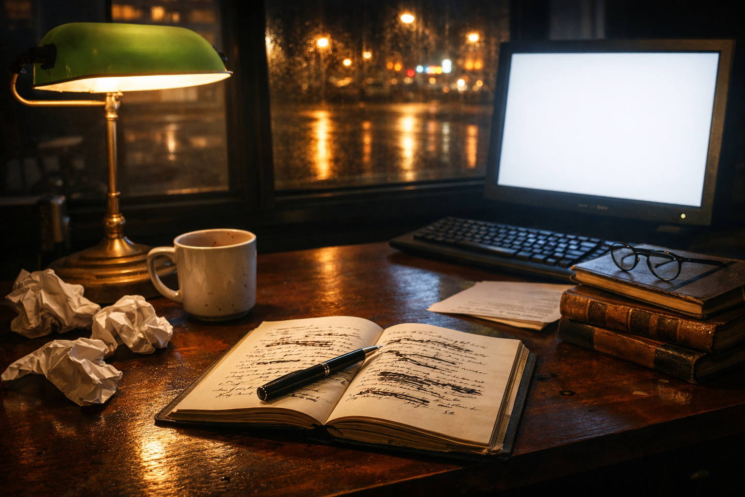 Le lisse et la rature ou notre rapport à l'IA 1 Bureau de nuit, la ville sous la pluie