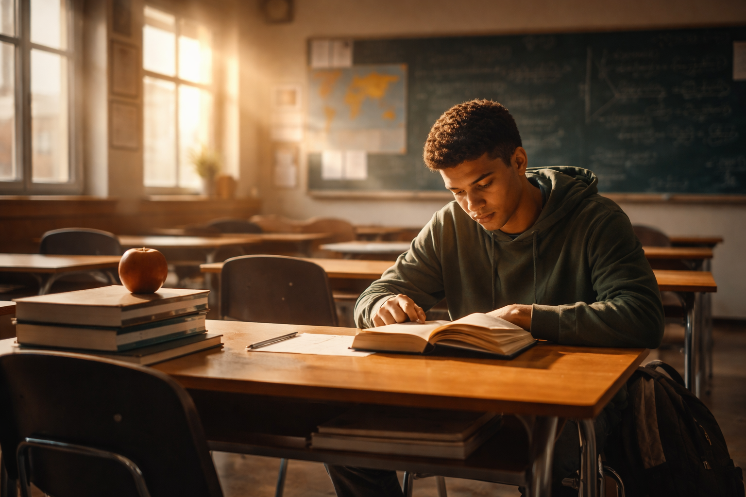 Élève lisant seul dans une salle de classe, illustrant la réussite scolaire et le parcours d’un étudiant de première génération.