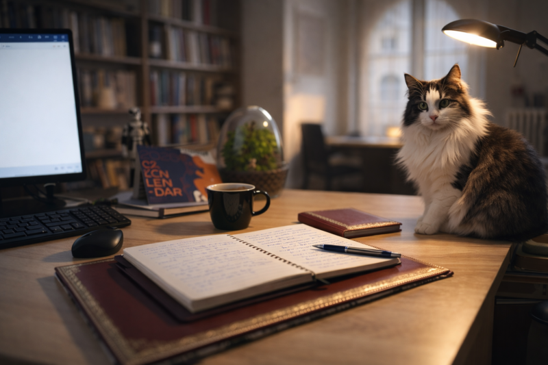 Bureau de travail avec carnet ouvert, tasse et chat norvégien tricolore (blanc, noir et gris)