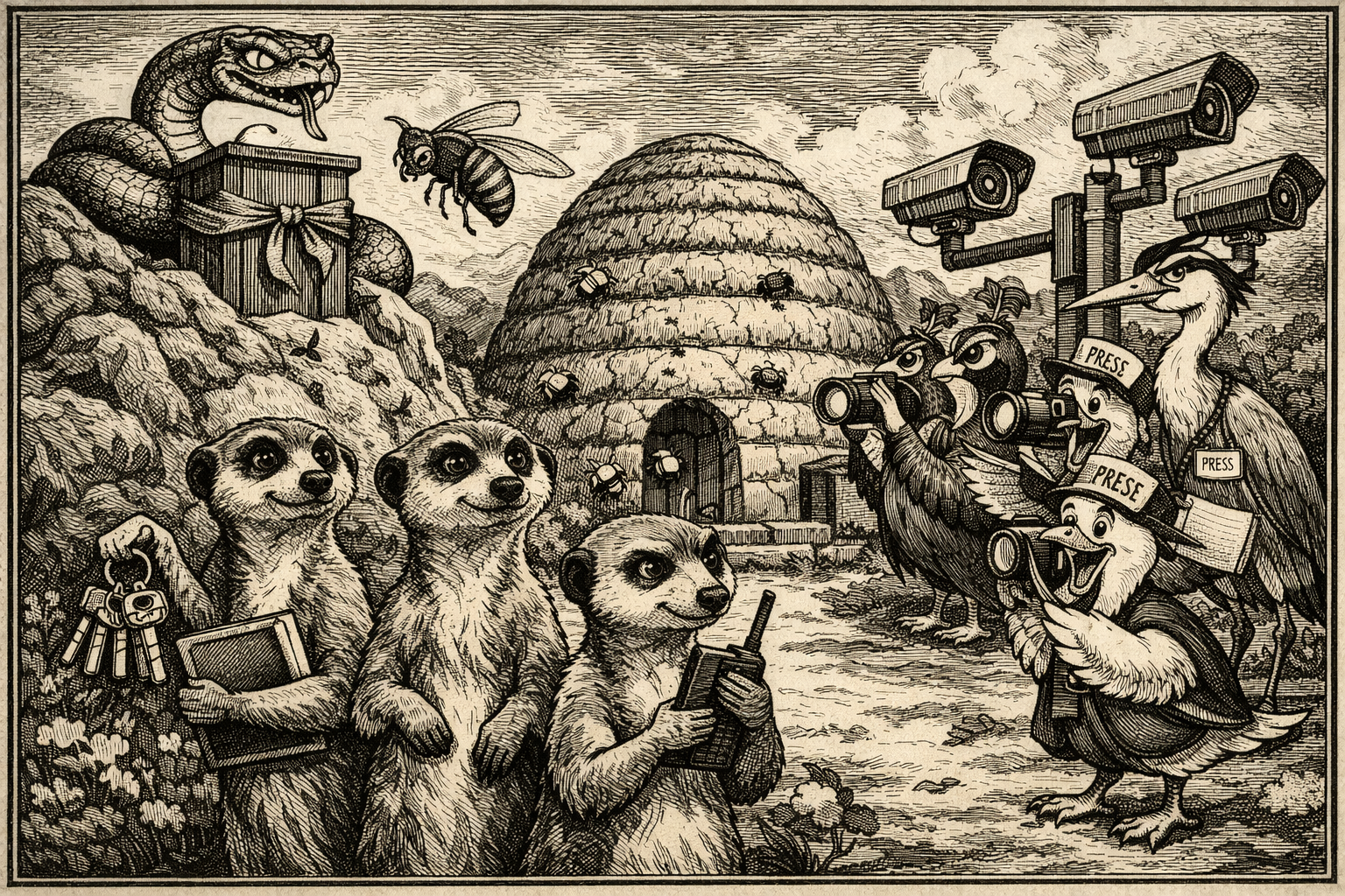 Les Suricates et le Théâtre du Rocher 1 Gravure satirique en noir et blanc d’une ruche école avec suricates, serpent au rocher, paons communicants, héron journaliste, mouette à clics et caméras de surveillance