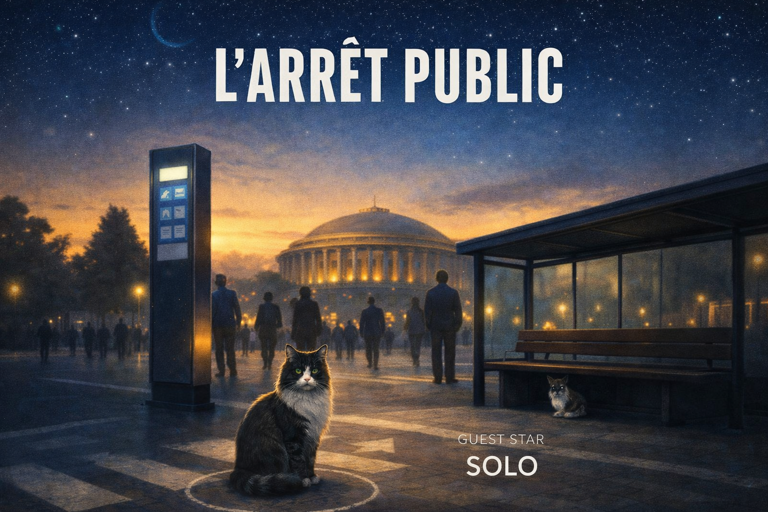 L’Arrêt public 1 Affiche de lancement de la saga L’Arrêt public, arrêt de bus au crépuscule, silhouettes en marche, chat norvégien Solo au premier plan