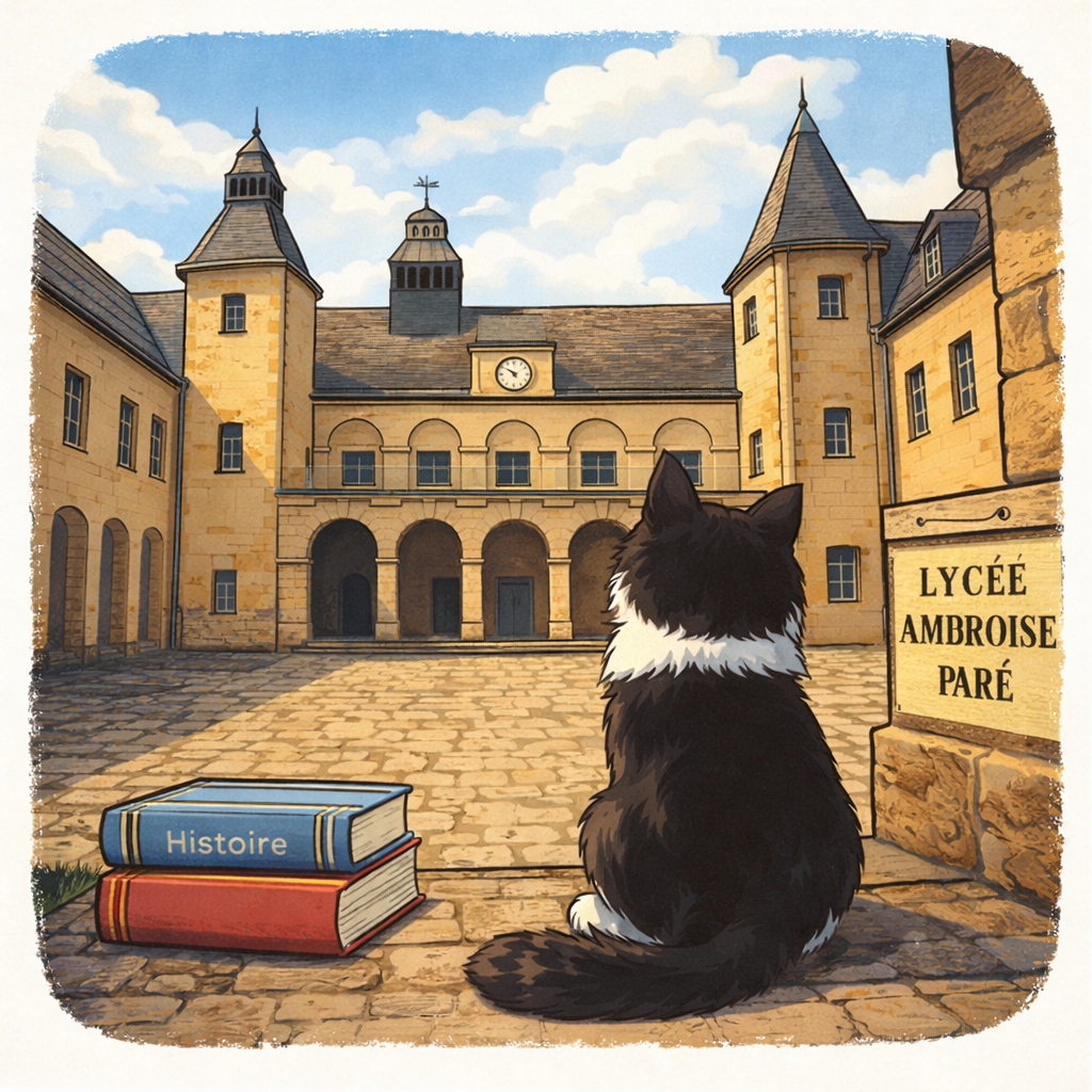 Le lycée Ambroise Paré ou l’art de gouverner un lieu qui a quatre siècles 1 Illustration cartoonesque de la cour du lycée Ambroise Paré de Laval avec un chat norvégien observant l’architecture historique du site.