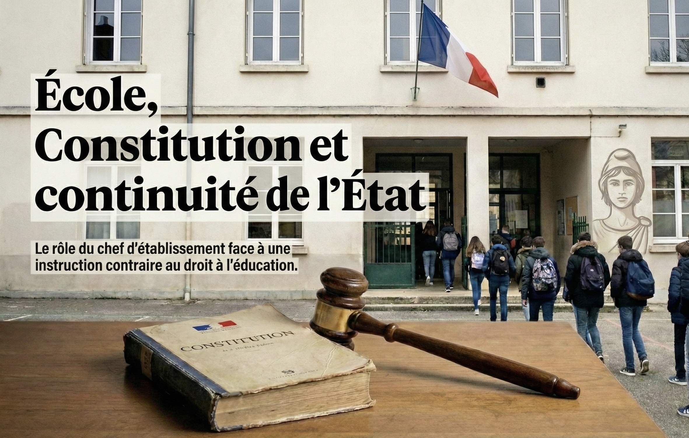 Entrée d’un établissement scolaire, élèves, drapeau français, livre “Constitution” et maillet de justice, illustrant le droit à l’éducation.