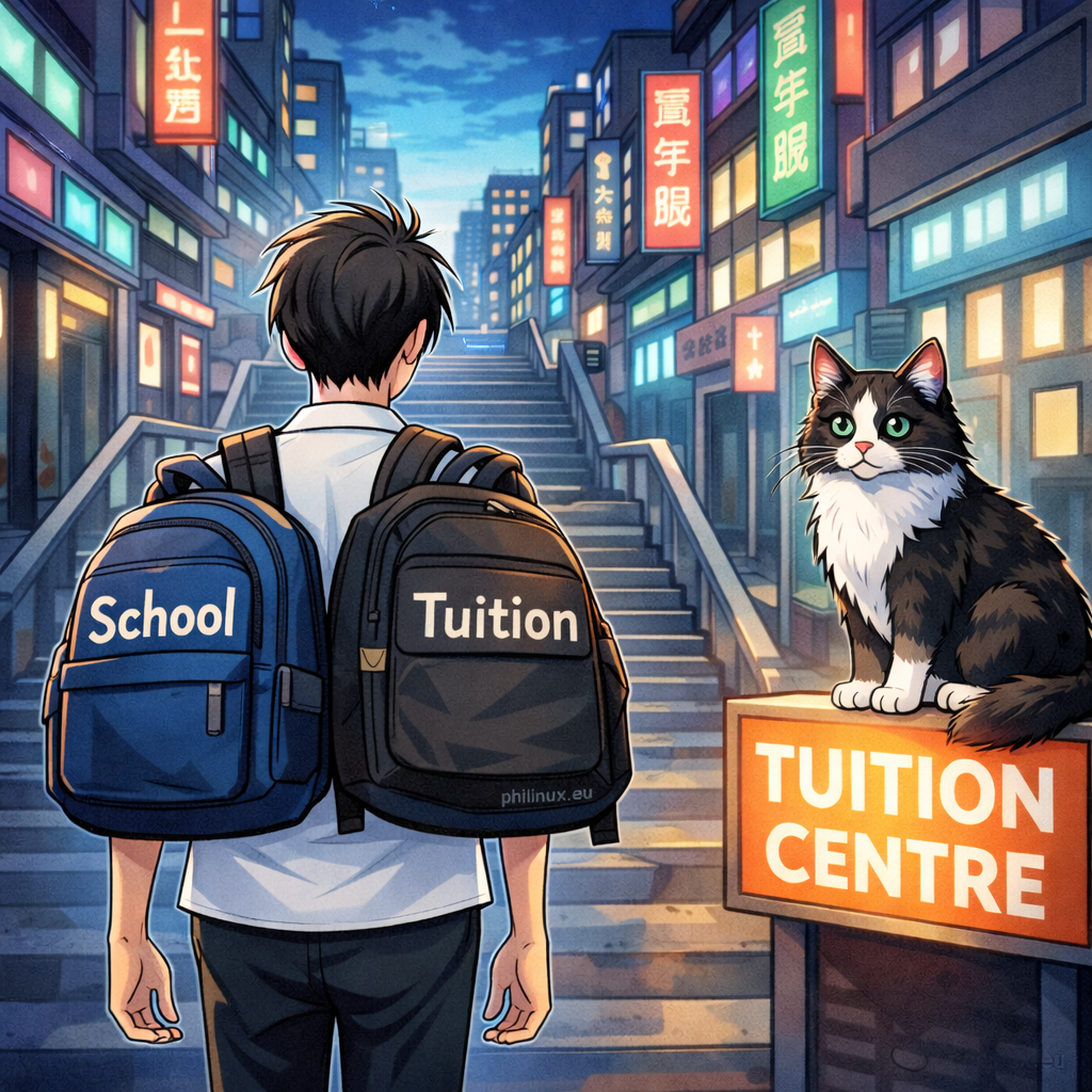 Élève de dos dans une rue de nuit avec deux sacs à dos “School” et “Tuition”, devant un centre de soutien scolaire, Solo le chat norvégien sur l’enseigne